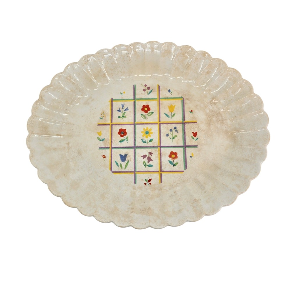 Vintage Sebring Ivory Porcelain Cottage Windows Floral Scalloped Oval Platter